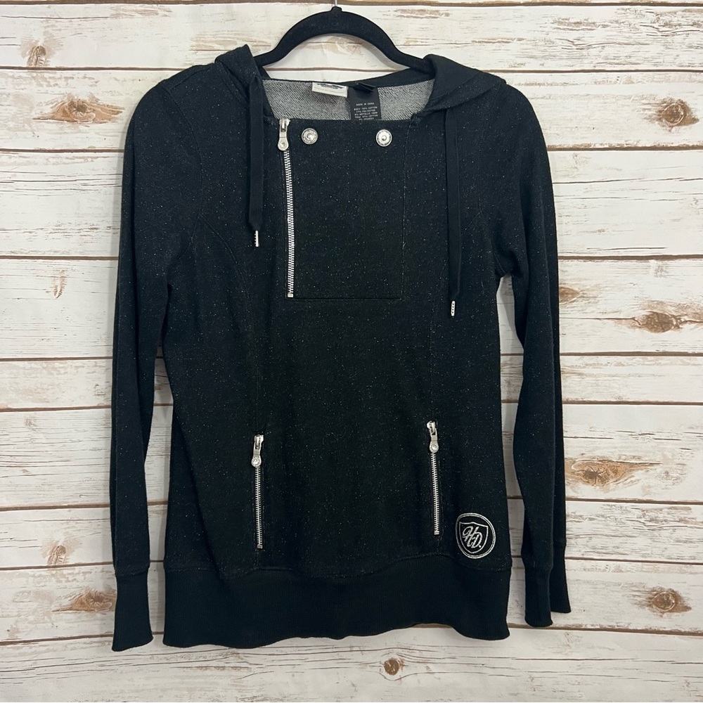 Harley Davidson Hoodie Pullover Black Logo Sparkle Shimmer Zip Neck Womens